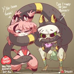 2girls anthro black_eyes color colored dialogue diives english_text female female_only green_sclera multiple_girls pantherine pink_hair restrained scratches snake snake_girl snake_tail tagme tail text tiger tiger_ears tiger_tail uadyeta xigua_(diives) xingzuo_temple yuri