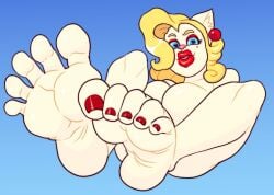 1girls anthro big_feet big_lips blonde_hair catgirl feet feet_up foot_fetish foot_focus grahhh heart-shaped_pupils lips lipstick looking_at_viewer simple_background solo solo_focus stepford toe_scrunch toenail_polish toenails toes