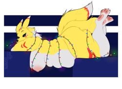 1girls belly big_breasts breasts christmas_lights female female female_only furry furry_only kibblesyourbits renamon yellow_body yellow_fur