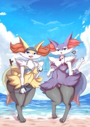 absurd_res anthro beach bikini braixen breasts canid canine clothed clothing duo female fur genitals hi_res inner_ear_fluff mammal misx nintendo nipples outside pokémon_(species) pokemon pokemon_(species) pussy seaside skulkers smile swimwear tuft video_games white_body white_fur yellow_body yellow_fur