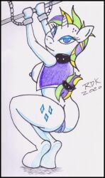 anthro ass blue_eyes bottomless bound breasts chains clothed clothing crouching equid equine female friendship_is_magic genitals hasbro horn horse looking_at_viewer mammal my_little_pony nude pony punch pussy raripunk rarity_(mlp) reddragonkan simple_background solo straight_hair traditional_media_(artwork) unicorn