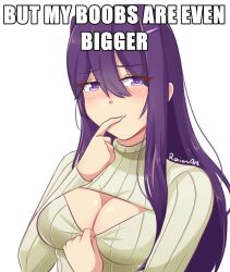 1girls 5_fingers big_text blush blush_lines blushing boobs breasts caption cleavage cleavage_cutout doki_doki_literature_club english_text female heart-shaped_pupils heart_eyes impact_(font) long_hair looking_at_viewer meme pulling_shirt_down purple_eyes purple_hair raionart smug smug_face solo text turtleneck turtleneck_sweater white_text yuri_(doki_doki_literature_club)