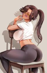 1girls 2022 ass ass_focus ass_shot back_view big_breasts breasts brown_hair bubble_butt crop_top female female_only foxy_rain_(foxyreine) foxyrain_(foxyreine) foxyreine hips huge_ass huge_breasts leggings long_hair long_ponytail original original_character ponytail purple-tinted_eyewear slim_waist suggestive_look sunglasses tan tan-skinned_female tanned_skin thick_thighs thighs tight_clothing tight_fit tinted_eyewear white_shirt wide_hips yoga_pants