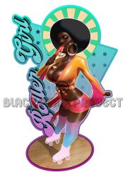 1girls afro artist_name big_breasts black_pinup_project breasts brown_body brown_skin busty cleavage dark-skinned_female dark_hair dark_skin digital_drawing_(artwork) digital_media_(artwork) eyelashes eyewear female gigantic_breasts glasses hair hips hourglass_figure legs lips mature mature_female no_bra popsicle retro retro_artstyle roller_skates skates sunglasses thick_legs thick_lips thick_thighs thighs tongue tongue_out voluptuous waist wide_hips