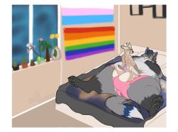 1boy1girl big_bulge deer female furry gay_flag kibblesyourbits lgbt_pride male obese obese_anthro pride_colors trans_flag transgender_pride_colors