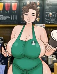 1girls apron apron_only big_breasts breasts brown_eyes brown_hair female female_only green_apron hair holding_cup huge_breasts i_mean_breast_milk iced_latte_with_breast_milk large_breasts lips looking_at_viewer mature mature_female mature_woman meme milf mother naked_apron original original_character pen plump sara_(zigzaglewds) smile solo solo_female thick_lips voluptuous zigzaglewds