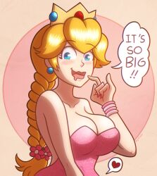 beg4cake big_breasts blonde_hair blue_eyes blush braided_hair braided_ponytail breasts cleavage crown dialogue english_text mario_(series) nintendo open_mouth pink_dress princess_peach smile speech_bubble text