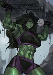 1girls abs big_breasts clothed color drawn female female_only fingerless_gloves gloves green green_body green_eyes green_hair green_skin huge_breasts hulk_(series) large_breasts lifting lips long_hair looking_at_viewer looking_down marvel marvel_comics midriff muscles muscular muscular_arms muscular_female saving_life she-hulk shorts smile solo speech_bubble sports_bra sports_shorts strong strong_woman superheroine tall_female tall_girl tank_top thick_thighs virgoart1509