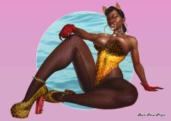 1girls artist_name big_breasts black_pinup_project breasts brown_body brown_skin bursting_breasts busty cat_ears dark-skinned_female dark_hair dark_skin digital_drawing_(artwork) digital_media_(artwork) female fishnet_legwear fishnets gold_earrings heels hips hourglass_figure legs legwear long_fingernails long_nails mature mature_female thick_legs thick_lips thick_thighs thighs voluptuous waist wide_hips