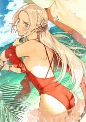 1girls ass back back_view backless_outfit bangs bare_back bare_shoulders big_ass blonde_female blush breasts cape casual_one-piece_swimsuit closed_mouth edelgard_von_hresvelg edelgard_von_hresvelg_(summer) embarrassed female female_only fire_emblem fire_emblem:_three_houses fire_emblem_heroes frown hair_ornament hair_ribbon long_hair looking_at_viewer looking_back mueririko nintendo official_alternate_costume one-piece_swimsuit purple_eyes red_swimsuit ribbon sideboob solo swimsuit tight umbrella water white_hair