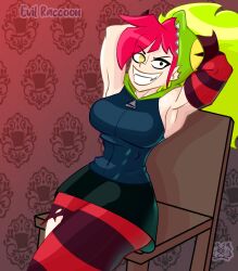 armpits arms_behind_head arms_up big_breasts cartoon_network demencia_(villainous) evil_eyes evil_face evil_raccoon evil_smile eyebrows_visible_through_hair legs long_hair miniskirt muscles muscular muscular_female red_hair sitting skirt smile teeth teeth_showing thick_ass thick_thighs tight_clothing villainous white_body white_skin yellow_eyes yellow_hair