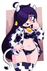 alternate_version_available blush bra child_bearing_hips collar cow_print cow_suit cow_tail cowbell glasses navel panties purple_hair red_eyes sweat tail thelewderchris thighhighs vade_(themaskedchris)