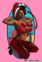 1girls artist_name big_breasts black_pinup_project breasts brown_body brown_skin busty christmas cleavage clothed clothing dark-skinned_female dark_hair dark_skin female hair hips hourglass_figure legs lips lipstick mature mature_female pants red_lips red_lipstick thick_legs thick_lips thick_thighs thighs voluptuous waist wide_hips