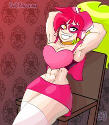 abs armpits arms_behind_head arms_up big_breasts cartoon_network cosplay demencia_(cosplay) demencia_(villainous) evil_eyes evil_face evil_raccoon evil_smile eyebrows_visible_through_hair female_only legs long_hair miniskirt miss_heed_(villainous) muscles muscular muscular_female red_hair sitting skirt smile teeth teeth_showing thick_ass thick_thighs thighhighs tight_clothing villainous white_body white_skin yellow_eyes yellow_hair