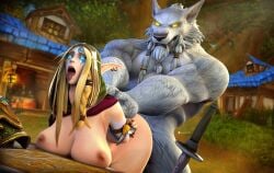 1boy 1boy1girl 1girls 3d ahe_gao alleria_windrunner blizzard_entertainment blood_elf chaossu3d female genn_greymane grin hands_behind_back high_elf male male/female tongue_out warcraft worgen world_of_warcraft