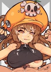 big_breasts big_hat cum cum_on_breasts cum_on_face cum_through_clothes guilty_gear guilty_gear_strive hand_holding island_nsfw licking_lips may_(guilty_gear) paizuri paizuri_under_clothes