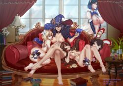 4girls absurdres amber_(genshin_impact) breasts censored fantasy female female_only flarefox genshin_impact highres human large_breasts long_hair lumine_(genshin_impact) mona_(genshin_impact) money multiple_girls nipples original short_hair yelan_(genshin_impact) yuri