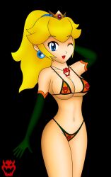 1girls arm_gloves bare_shoulders belly_button big_breasts bikini blonde_hair blonde_ponytail blue_earrings blue_eyes bowser_bikini bowser_logo breasts cleavage crown earrings enemy_conversion eyeshadow female female_only green_gloves hair long_blonde_hair long_gloves long_hair magnus-bowser mario_(series) midriff navel necklace orange_bikini orange_eyeshadow pearl_earrings ponytail princess princess_peach sideboob slave slave_bikini slavegirl thick_thighs thighs underboob