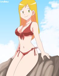 1girls big_breasts bikini blonde_female blonde_hair breasts busty cleavage digimon digimon_frontier female female_only hi_res izumi_orimoto large_breasts legs lirudraw long_hair looking_at_viewer navel red_bikini sitting smile solo swimsuit swimwear thighs zoe_orimoto