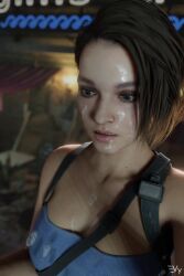 1girls 2:3 3d 3d_(artwork) animated blender blue_eyes brown_hair capcom clothed clothing cum cum_on_breasts cum_on_face face_focus female hi_res highres jill_valentine jill_valentine_(sasha_zotova) light-skinned_female light_skin looking_at_viewer mp4 no_sound outdoors outside resident_evil resident_evil_3 resident_evil_3_remake selfie shorter_than_10_seconds shrug solo vertical_video video vulpeculy