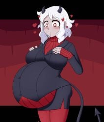 belly_bulge belly_bulging big_belly big_breasts black_jacket black_skirt blush curly_hair demon demon_girl demon_horns demon_tail hands_on_breasts heart heart-shaped_pupils helltaker modeus_(helltaker) multicolored_background open_mouth pale_skin pregnant ready_to_pop red_background red_eyes red_leggings red_sweater short_hair superllama white_hair