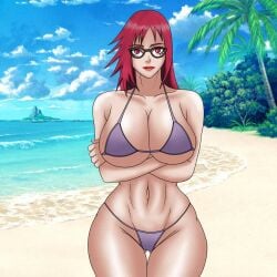 1girls alternate_breast_size arms_under_breasts beach big_breasts bikini breasts crossed_arms curvaceous curvy curvy_female curvy_figure eyewear female female_only glasses legs_together long_hair looking_at_viewer naruto naruto_(series) naruto_shippuden outdoors red_eyes red_hair seaside solo solo_female solo_focus sutokatsu swimsuit uzumaki_karin voluptuous