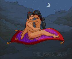 abs aladdin aladdin_(character) alluring animated athletic_female athletic_male canon_couple clouds disney disney_princess female female_abs fit_female fit_male magic_carpet male moon night nipples nude nude_female nude_male pixel_animation pixel_art princess_jasmine sex stars thekaosdark