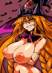 1girls alternate_version_available big_breasts breast_hold breasts busty completely_nude completely_nude_female crossed_arms female female_only grin large_breasts looking_at_viewer metallia navel nipples nippon_ichi_software smile the_witch_and_the_hundred_knight voluptuous witch_hat zasshu_nigou