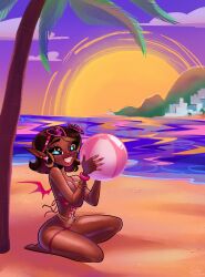 1girls arms_covering_nipples bare_shoulders bat_wings beach beach_ball bikini bikini_bottom bikini_top bracelets breasts brown_hair city cleavage clouds colorful_eyes dark-skinned_female dark_skin detailed_background female garter_band heart-shaped_sunglasses hourglass_figure jewelry kneeling looking_at_viewer mountains naomi_sun navel ocean ohthesunnyside painted_nails palm_tree pierced_ears piercing piercings pointed_ears pointy_ears public red_lipstick sand sharp_fingernails short_hair smiling solo solo_female sun sunglasses sunglasses_on_head sunset thick_thighs thighs thin_waist unaware untied_bikini untied_bikini_top vampire wardrobe_malfunction