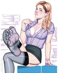 1girls blush cleavage feet foot_fetish green_eyes jenna_fischer nail_polish pam_beesly pink_soles red_hair redhead ring scott_blair soles stockings sweat sweatdrop the_office toe_ring white_nails wrinkled_feet wrinkled_soles