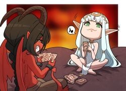 1boy 1girls demon demon_boy elf female fully_clothed kinkymation male meme monster_boy monster_princess_(kinkymation) original original_character smug uno_(game) uno_card wholesome