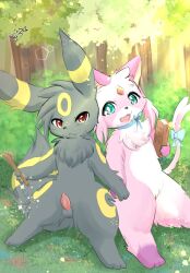 2022 anthro aster_(umbreon) balls black_body black_fur black_nose book bow_ribbon branch detailed_background duo eeveelution espeon fangs female flower freckles fur gem genitals grass hi_res kailia_(espeon) looking_at_viewer male nintendo open_mouth paws penis pink_body pink_fur plant pokémon_(species) pokemon puniwanko pussy red_eyes ribbons shrub spellbook stick teal_eyes tongue tree umbreon video_games white_body white_fur yellow_body yellow_fur