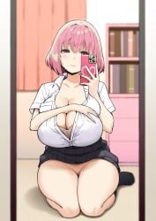 1girls akane_(sky_(freedom)) breast_hold breasts cleavage female huge_breasts joshi_kōsei_rich_thots mirror mirror_selfie no_panties original pink_hair plump school_uniform schoolgirl selfie short_hair skirt skirt_lift sky_(freedom) smile thick_thighs thighs