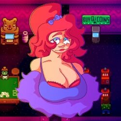 1girls angel_sinz bedroom_eyes big_breasts bow_in_hair brown_eyes casino cleavage lingerie lipstick looking_at_viewer makeup milf red_hair sandy_(stardew_valley) smug solo solo_female stardew_valley