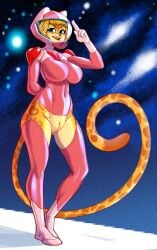 big_breasts bottomless breasts dita_(olexey_oleg) domestic_cat felid feline felis female footwear fur furry furry_only genitals headwear hi_res legwear mammal olexey_oleg pussy smile solo spacesuit standing tail topwear