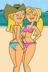 2futas ass balls bikini blonde_hair bridgette_(tdi) cartoon_network clothed clothing cowboy_hat duo erection fresh_tv futa_on_futa futa_only futanari geoff_(tdi) looking_down mostly_nude penis rule_63 small_breasts teletoon tjlive5 total_drama_island