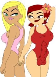 1futa 1girls balls blonde_hair breasts bulge bulge_through_clothing cartoon_network dakota_(tdi) fresh_tv futa_focus futa_with_female futanari looking_at_another one-piece_swimsuit penis red_hair teletoon total_drama:_revenge_of_the_island total_drama_island zoey_(tdi)