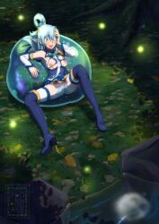 absurdres anal anus aqua_(konosuba) blue_hair boots breast_sucking breasts breasts_out double_penetration fireflies from_above grass highres interspecies kono_subarashii_sekai_ni_shukufuku_wo! nipples pomonna pussy sex slime_(creature) slime_monster smile spread_legs thigh_boots thighhighs thighhighs_under_boots torn_clothes vaginal_penetration water