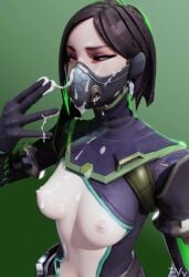 1girls 3d black_hair blender breasts cum cum_on_body cum_on_breasts cum_on_face cum_on_hand cum_on_mask cum_on_upper_body gloves green_eyes mask no_bra valorant viper_(valorant) vulpeculy