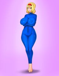 alice_margatroid arms_under_breasts blonde_hair blue_eyes bodysuit brainwashing breasts empty_eyes femsub happy_trance hi_res large_breasts latex looking_at_viewer mind_control neo-izayoi nipples_visible_through_clothing thick_thighs touhou wide_hips