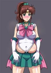 belly belly_visible_through_clothing bishoujo_senshi_sailor_moon blush brown_hair chubby chubby_female clothing ekikon_kenkyuukai erect_nipples erect_nipples_under_clothes green_eyes heitai_gensui makoto_kino nipples_visible_through_clothing pregnant pubic_hair sailor_jupiter sailor_senshi sailor_senshi_uniform skirt small_breasts