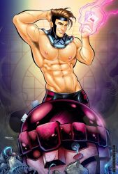 1male abs armpit_hair brown_hair gambit male male_focus male_only marvel marvel_comics muscular muscular_male pants_only patrick_fillion remy_lebeau smile solo solo_male x-men