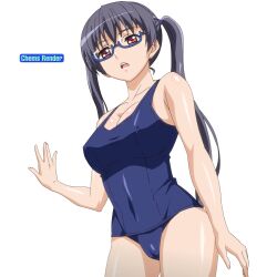 1girls big_breasts black_hair breasts busty cameltoe cleavage covered_navel eroge!_h_mo_game_mo_kaihatsu_zanmai female female_only glasses kosaka_iori large_breasts legs looking_at_viewer one-piece_swimsuit open_mouth school_swimsuit semi-rimless_eyewear sensual solo swimsuit thighs twintails voluptuous