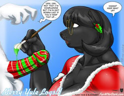 1boy 1girls 2007 after_fellatio anthro black_hair christmas christmas_clothing christmas_outfit cleavage clothed_female_nude_male color dialogue edible erect_penis erection feline furry glasses gnaw hair hetero holidays max_blackrabbit paintbrush painted_cock painted_penis painting panther penis pussy_noir uncensored