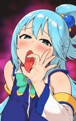 1female 1girls animated animated_image aqua_(konosuba) bangs big_breasts blowjob_gesture blue_hair blue_hair_female breasts clothed clothed_female clothing commentary_request english_commentary fellatio_gesture female female_focus female_only kono_subarashii_sekai_ni_shukufuku_wo! looking_at_viewer mixed-language_commentary solo solo_female solo_focus tongue tongue_out very_long_hair very_long_hair_female