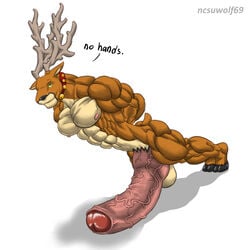 anthro balls big_penis cervine collar deer erection fur furry hyper male male_only muscles nude penis penis_push-up pose solo the_fabulous_croissant wolfiecanem