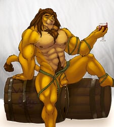 1boy anthro balls barrel centerfold cum feline fur furry huge_muscles knuxlight lion male male_only muscles nude penis photoshoot rys_khyrsal solo vines wine