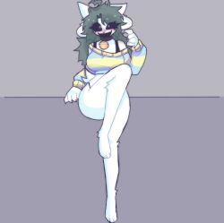 animal_ears anthro bell_collar black_sclera blush bra breasts cat_bell cat_ears claws collar dog_ears female full_body furry grey_hair looking_at_viewer no_pants one_leg_up open_mouth scentedpocky shoulder_blush smile tagme tail temmie temmie_(underswap) temmie_(undertale) thighs thong underswap undertale white_eyes white_fur