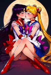 2girls ai_generated bishoujo_senshi_sailor_moon clothing high_heel_boots high_heels kissing lesbian_kiss panties rei_hino sailor_mars sailor_moon skirt small_breasts usagi_tsukino yuri