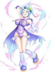 absurdres armpits blue_hair boots breasts cape commentary covered_navel covered_nipples female full_body gloves heart highres impossible_clothes lactation large_breasts leotard magical_girl menmon nipple_piercing original piercing piercing_through_clothes pointing pointing_at_viewer pubic_hair purple_eyes purple_leotard ribbon see-through side_ponytail smile solo